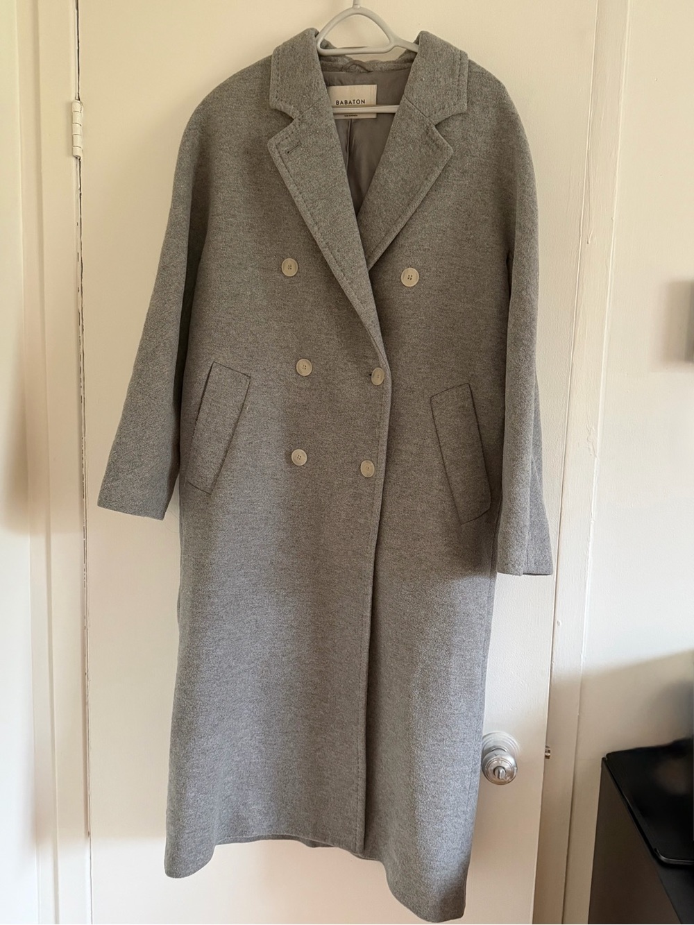 Babaton Light Gray Double-Breasted Wool Trench Coat